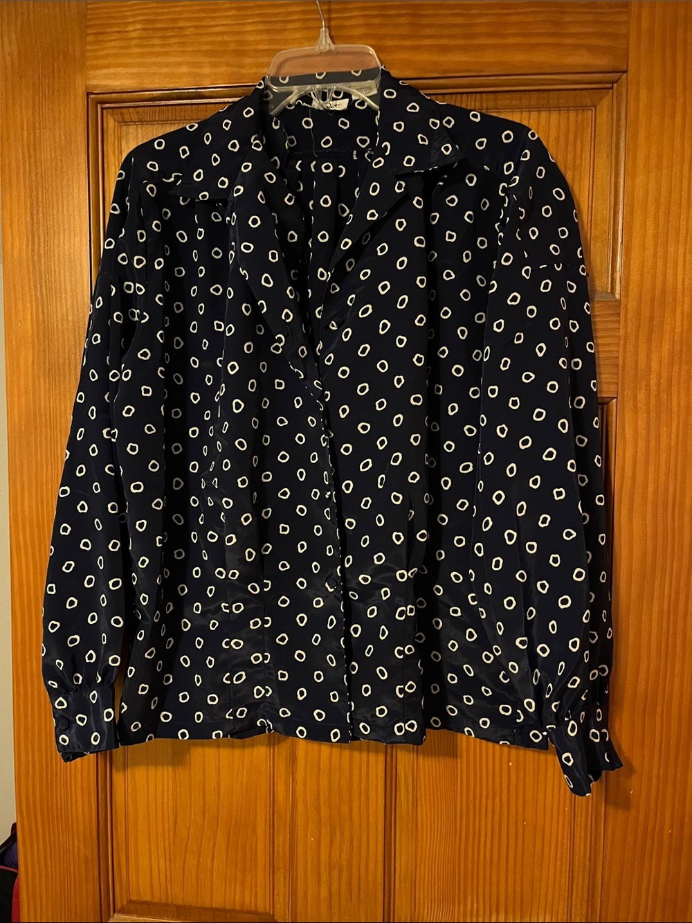 Oscar de la Renta Navy Blouse with White Abstract Dot Print